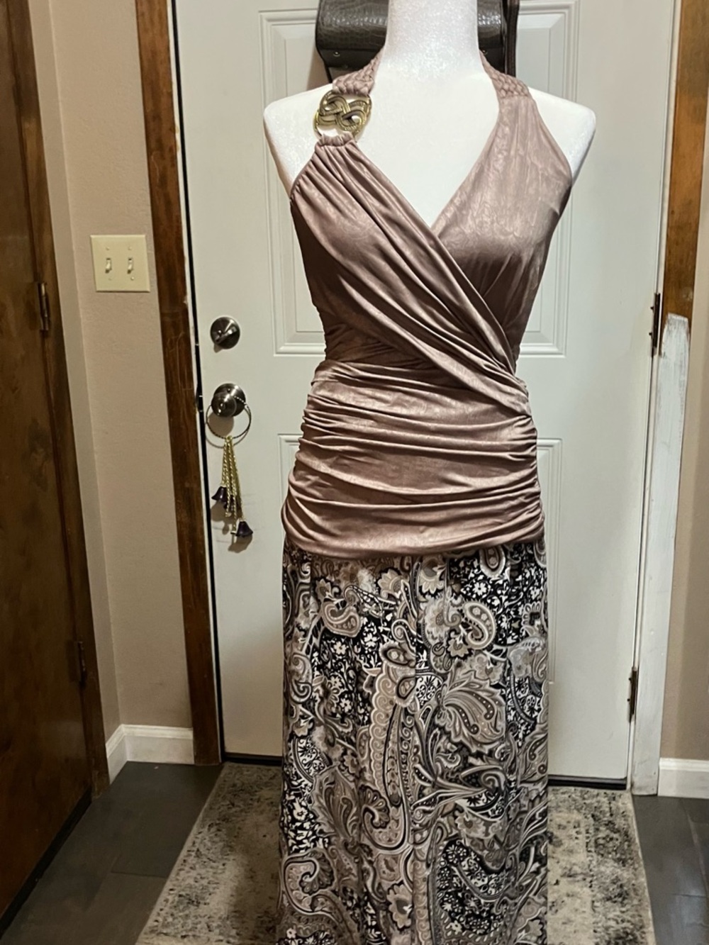 Silky Bronze Metallic Halter will Get You Noticed!!! Check Out shoulder Accent